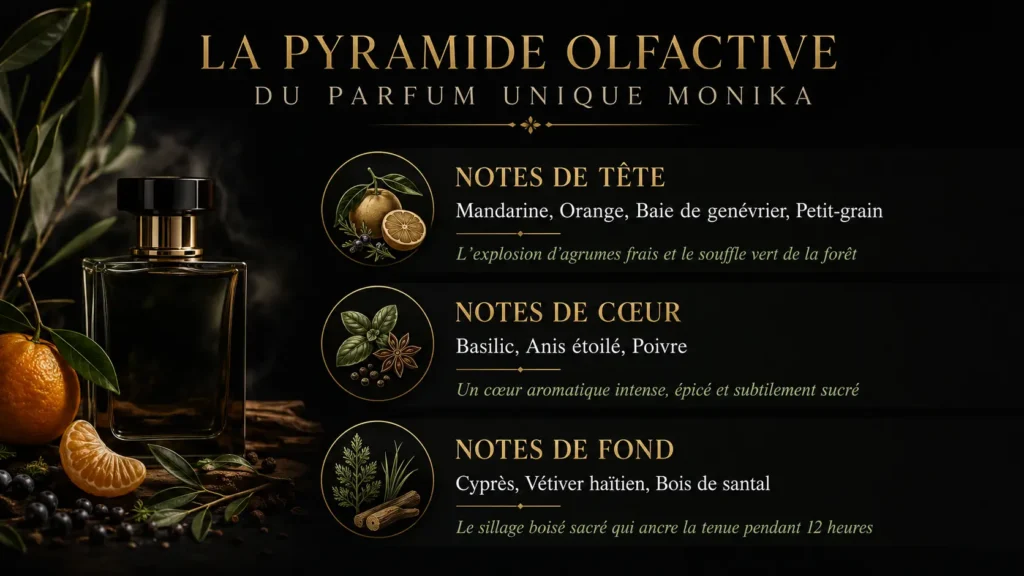 Pyramide olfactive du parfum Unique Monika Mihi avec notes d’agrumes, cœur aromatique épicé et fond boisé.