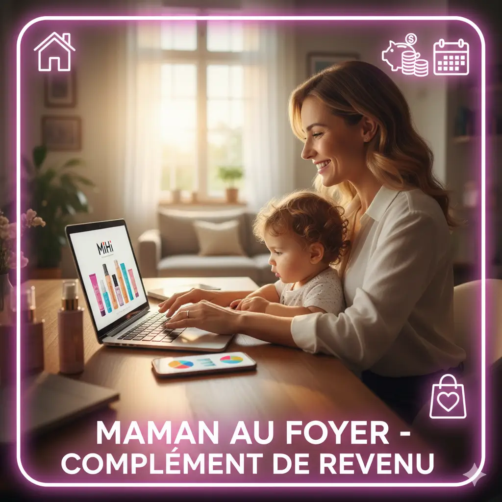 Maman au foyer souriante gérant un complément de revenu Mihi, travaillant avec flexibilité depuis la maison.