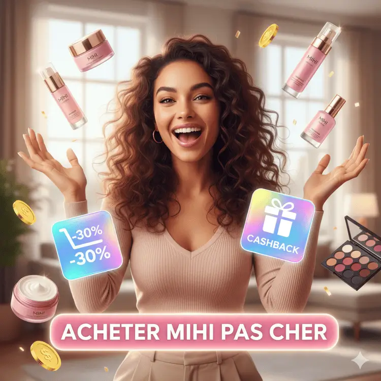 Femme heureuse profitant de remises et cashback pour acheter Mihi pas cher.