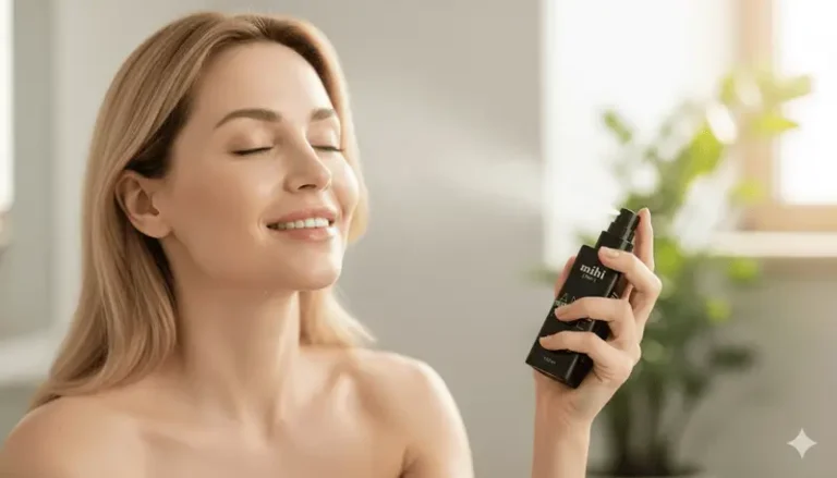 Une femme appliquant une crème alternative au Botox sur son visage, à côté d'un produit de la gamme Mihi Tripeptides.