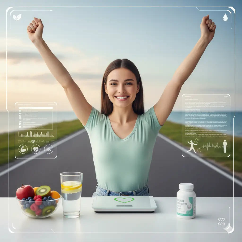 Femme joyeuse atteignant ses objectifs de silhouette et détoxification avec un soutien.