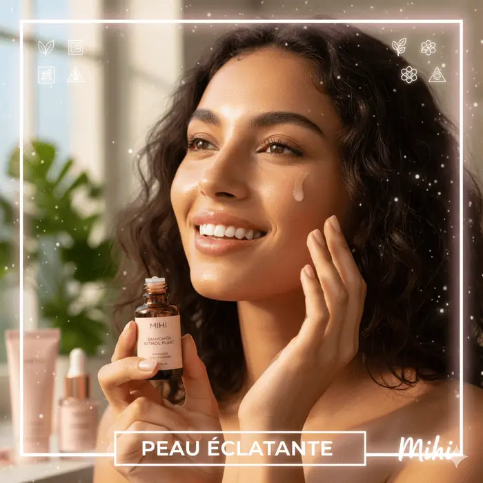 Le secret d'une peau éclatante Mihi : une femme au teint parfait appliquant un sérum.