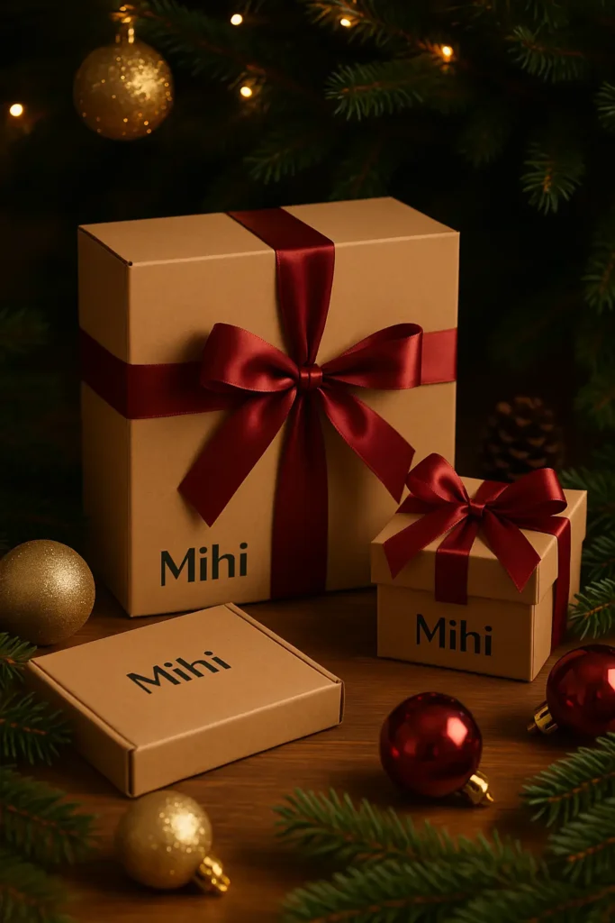 Image festive et élégante : des coffrets cadeaux Mihi joliment emballés près d'un sapin de Noël ou entourés de décorations