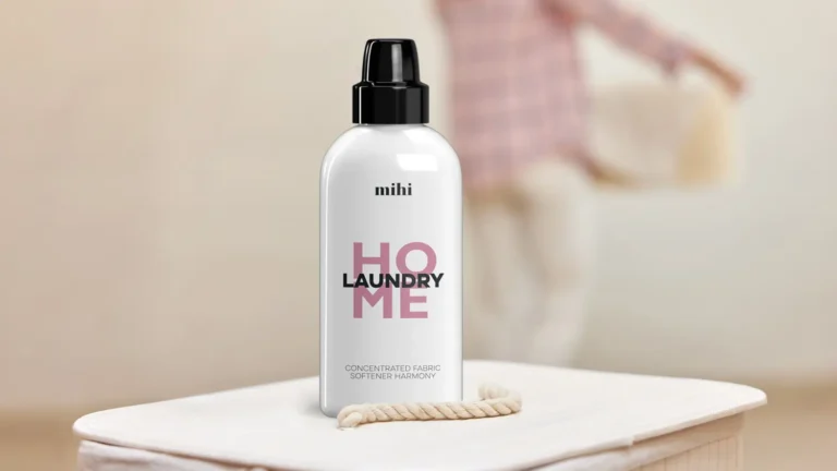 Le flacon de 750ml de l'assouplissant écologique Mihi Inspiration à côté d'une pile de linge propre et doux.