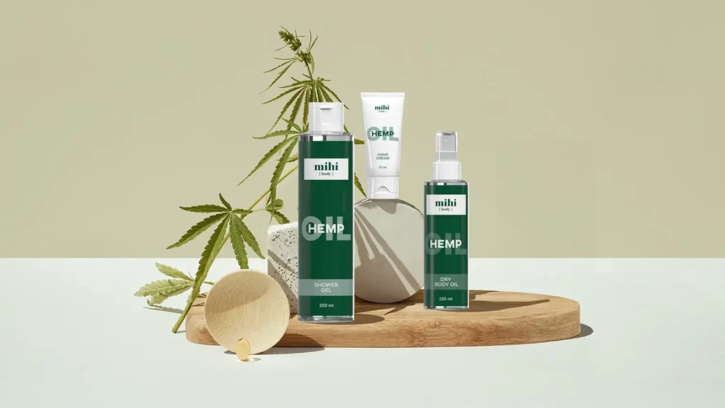 Avis sur la gamme Huile de Chanvre Mihi pour apaiser l'eczéma et le psoriasis, montrant les produits de la gamme Hemp Oil avec une feuille de chanvre stylisée.