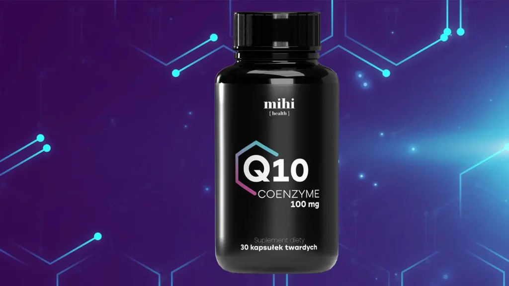 Flacon de Coenzyme Q10 100mg Mihi, illustrant les bienfaits de la Coenzyme Q10 pour l'énergie cellulaire et l'anti-âge.