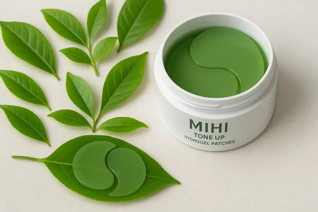 Feuilles de thé vert et Patchs Yeux MIHI Tone Up, illustrant les **bienfaits thé vert peau**.