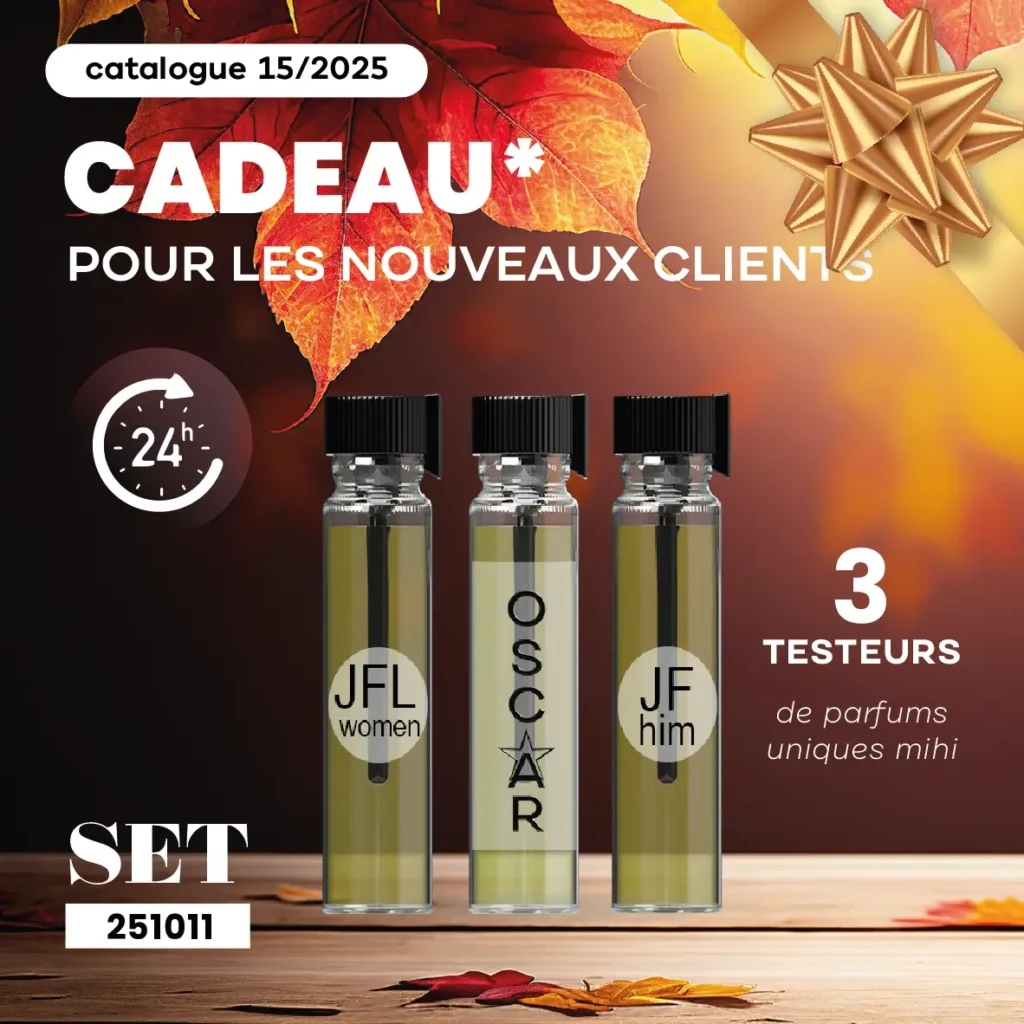 Cadeau **MIHI nouveau client** : 3 échantillons de parfums exclusifs gratuits (Offre 24h).