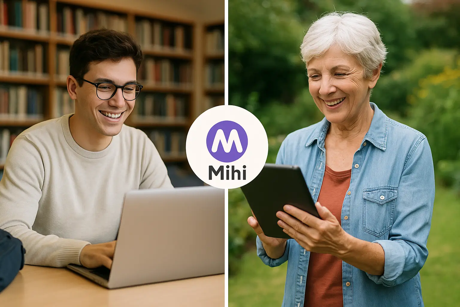 Une étudiante et une retraitée souriantes, discutant de l'opportunité Mihi comme complément de revenu flexible.