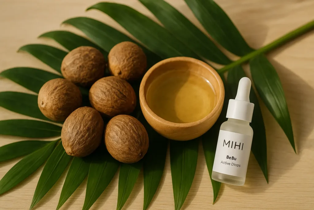 Noix de babassu et huile végétale, illustrant les **huile de babassu bienfaits** mis en avant par MIHI.