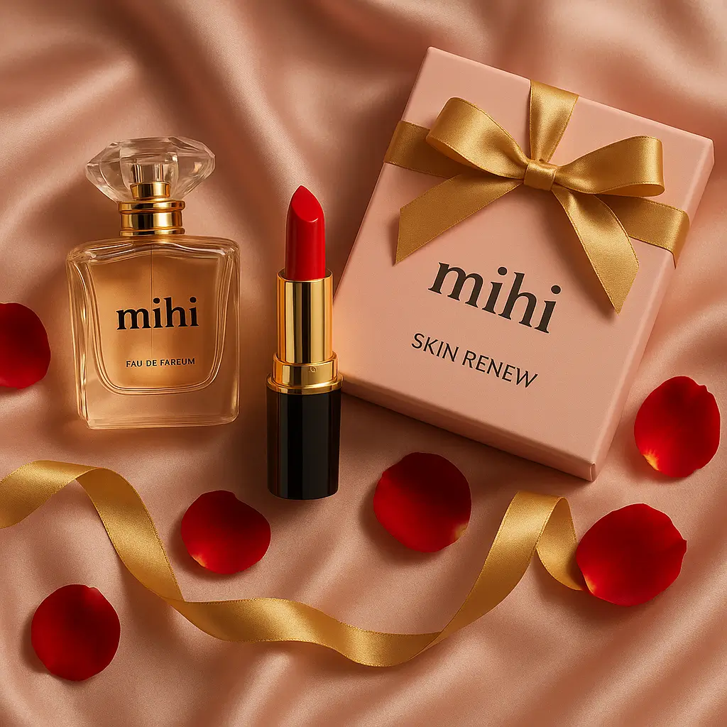 Une sélection d'idée cadeau Saint-Valentin Mihi, incluant un parfum, un coffret de soin et du maquillage sur un fond romantique.