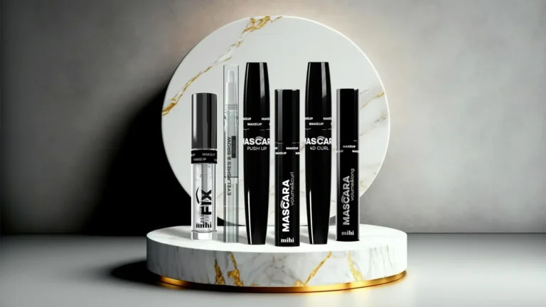 Une femme appliquant le meilleur mascara MIHI sur ses cils, avec un choix de brosses (volume, courbure, longueur) à côté d'elle.