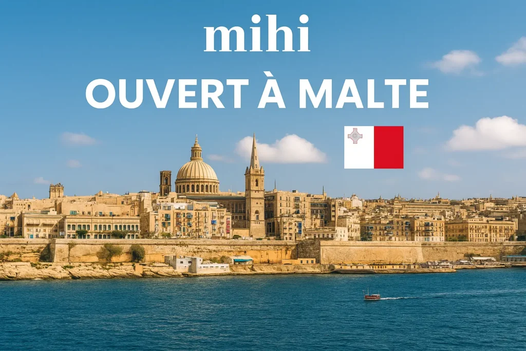 Carte de Malte avec le logo Mihi et des produits de beauté, symbolisant l'expansion de Mihi à Malte.