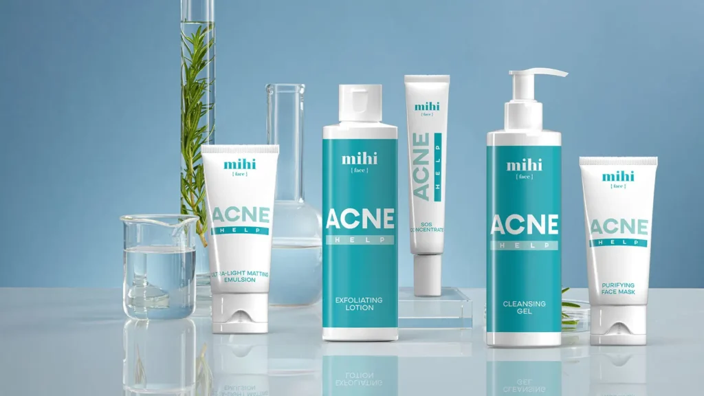 La routine complète du soin acné peau grasse Mihi Acne Help, avec l'émulsion, la lotion et le concentré SOS.