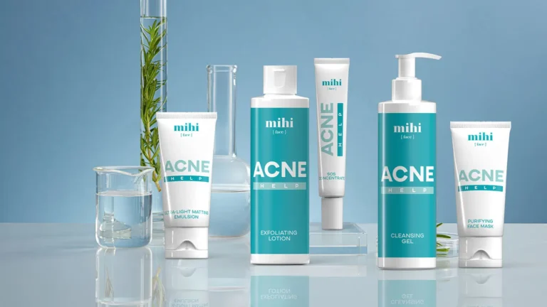 La routine complète du soin acné peau grasse Mihi Acne Help, avec l'émulsion, la lotion et le concentré SOS.