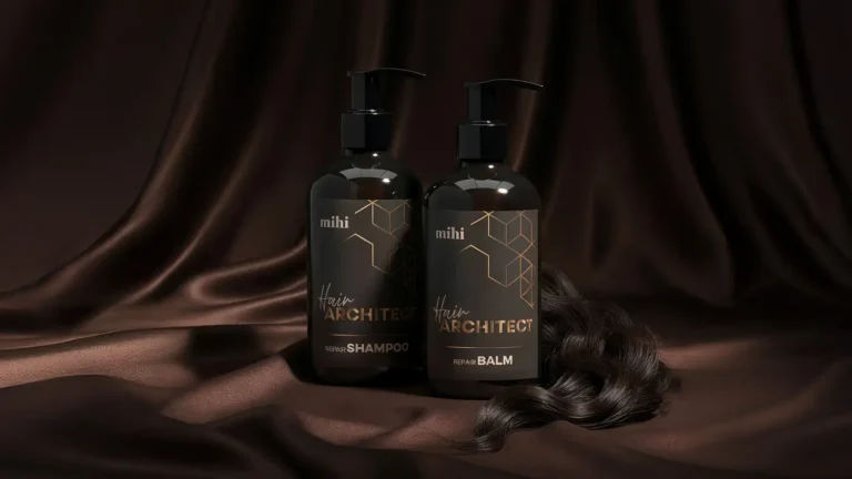 Une femme aux cheveux lisses et brillants touche ses pointes réparées grâce au nouveau soin cheveux abîmés professionnel Mihi Hair Architect.