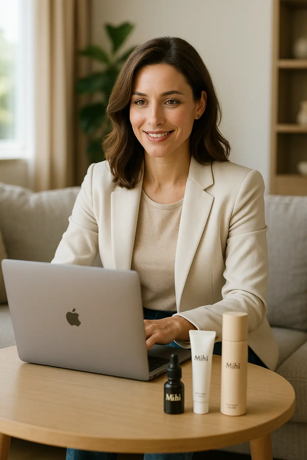 Femme souriante travaillant sur son ordinateur avec des produits Mihi - Avis Mihi honnête