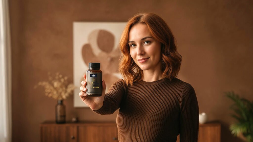 Flacon de la formule NAD+ anti-âge MIHI (100231) avec des molécules de collagène et de Nicotinamide Riboside