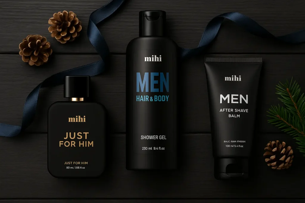 Coffret cadeau homme cosmétique et parfum sur fond bois