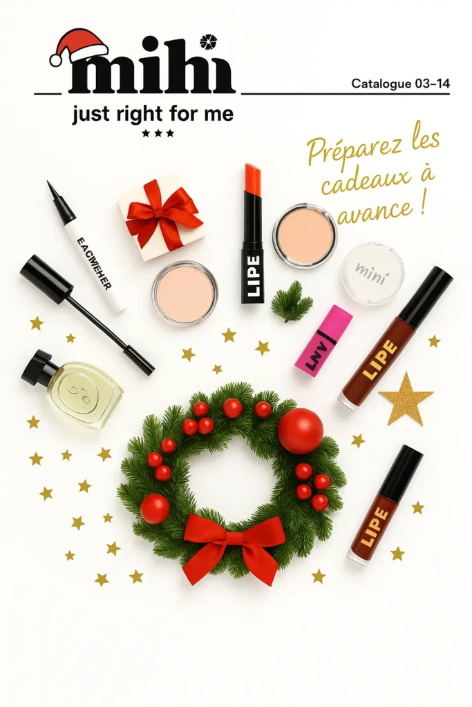 Une sélection d'**idées cadeaux femme moins de 30 euros** de la marque Mihi : parfum, maquillage et coffrets pour Noël 2025.