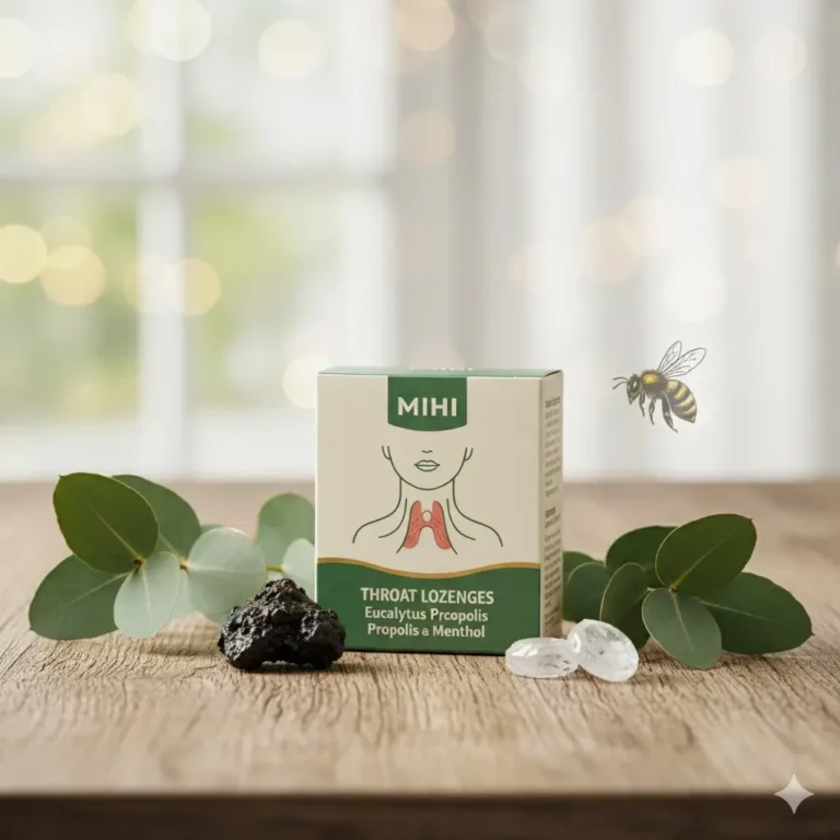 Boîte de pastilles MIHI pour le mal de gorge à la propolis, eucalyptus et menthol avec des feuilles d'eucalyptus et une abeille.