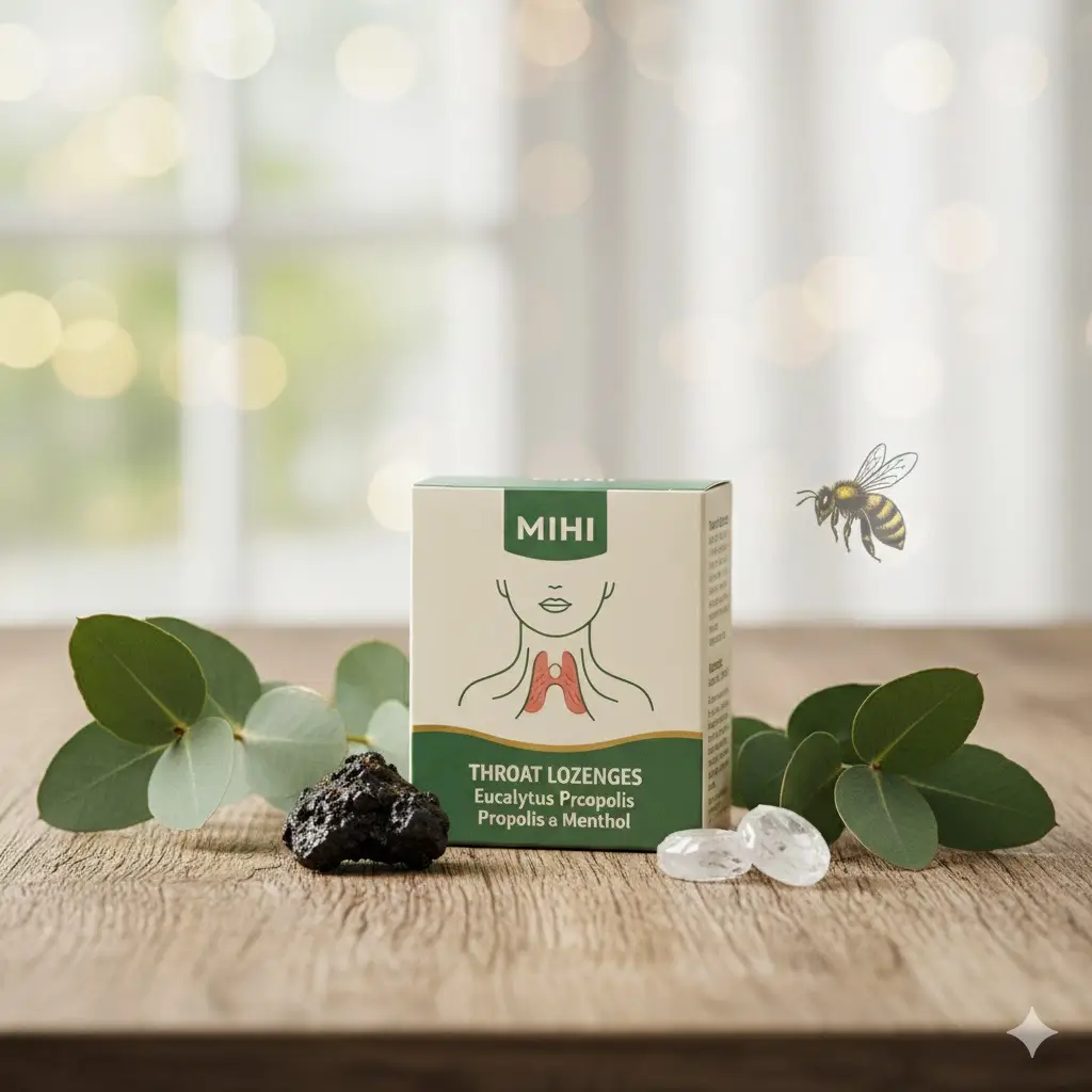 Boîte de pastilles MIHI pour le mal de gorge à la propolis, eucalyptus et menthol avec des feuilles d'eucalyptus et une abeille.