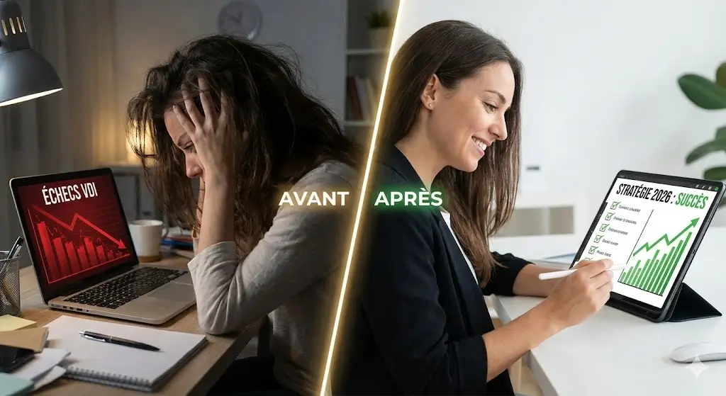 Comparaison avant-après : VDI frustrée par ses erreurs vs VDI confiante qui applique une stratégie gagnante en 2026.