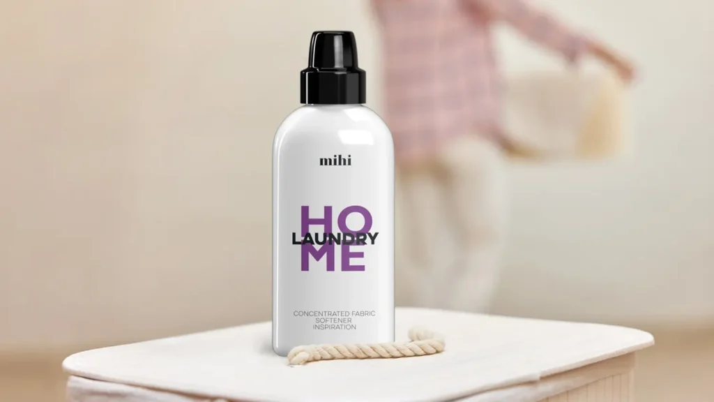 Le flacon de l'assouplissant Mihi Laundry, une alternative saine et écologique pour peau sensible, posé sur du linge de bébé doux.