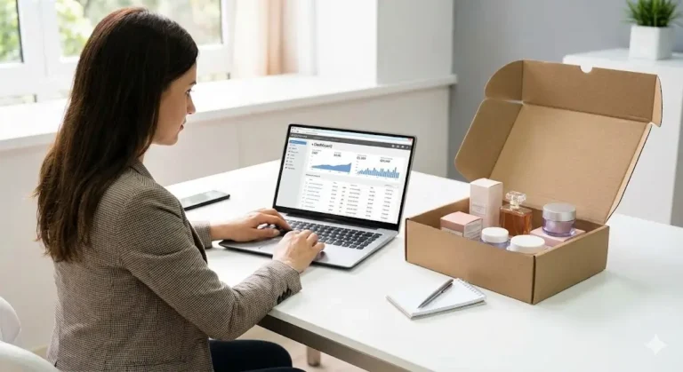 Femme utilisant son ordinateur pour réduire ses frais de port MIHI avec la commande différée.