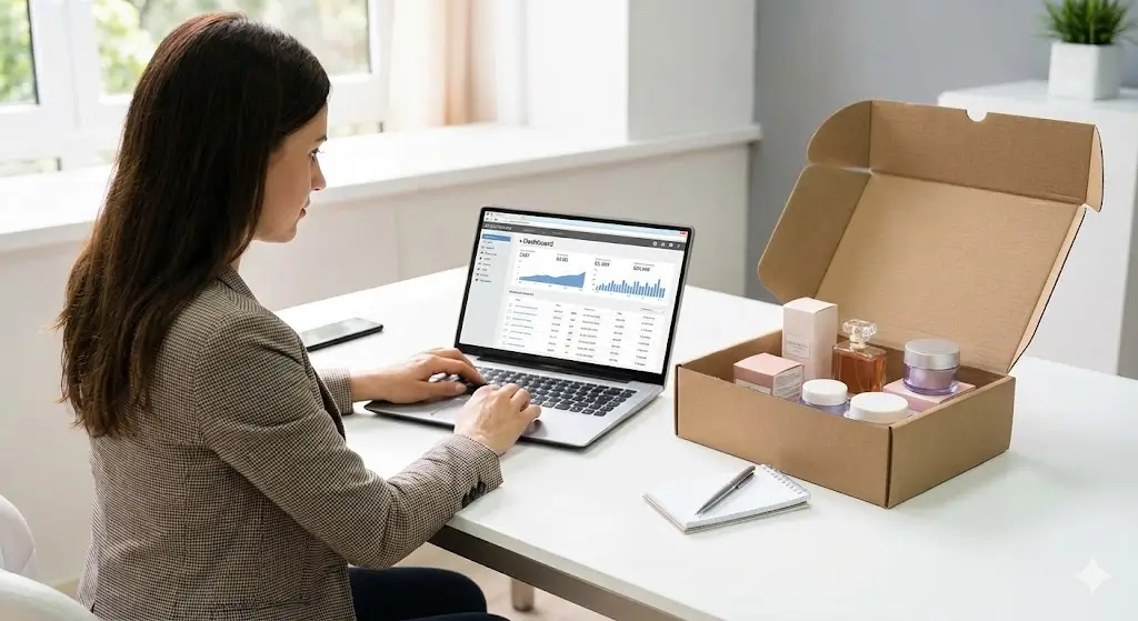 Femme professionnelle gérant ses commandes sur ordinateur portable à côté d'un carton d'expédition ouvert rempli de produits cosmétiques MIHI, illustrant l'économie de frais de port grâce à la commande différée.