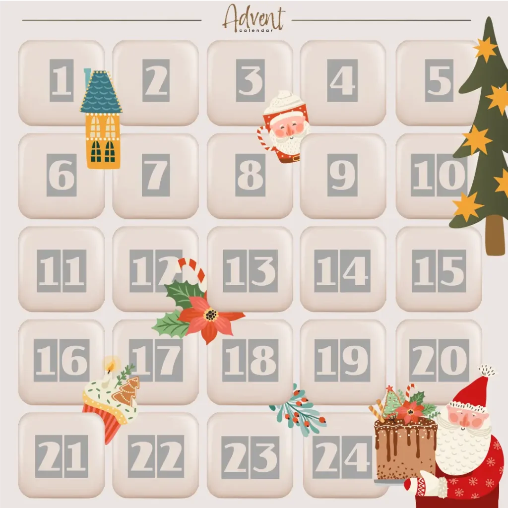 Calendrier de l'Avent Mihi 2024 illustré avec le Père Noël promotions beauté et maison