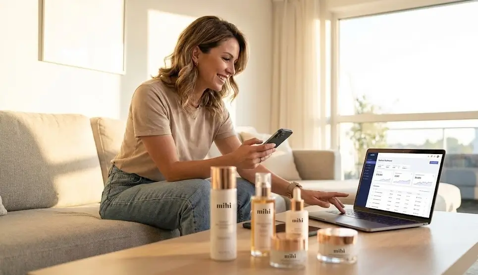 Femme travaillant à domicile sur son téléphone pour générer un complément de revenu VDI avec MIHI sans kit payant