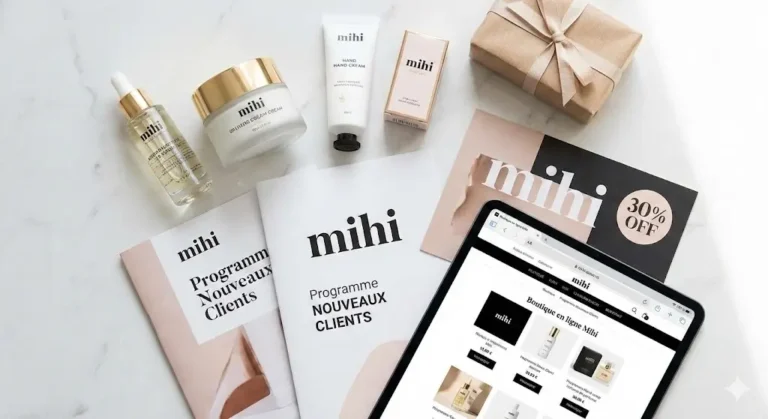 Illustration des cadeaux et remises du programme de bienvenue nouveaux clients Mihi 2025.