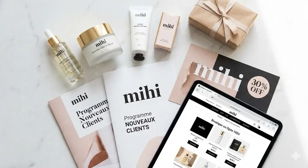 Illustration des cadeaux et remises du programme de bienvenue nouveaux clients Mihi 2025.