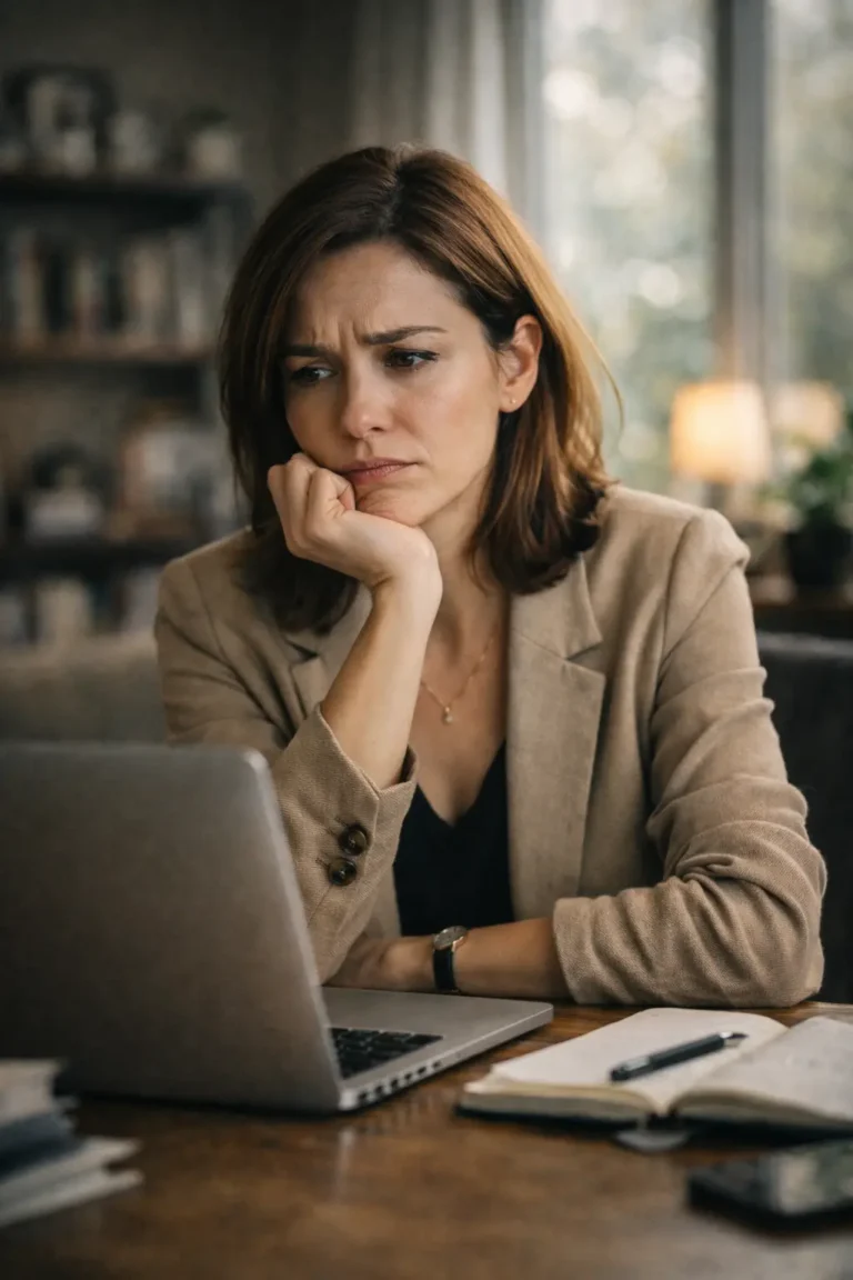 Femme qui réfléchit à changer de marraine VDI devant son ordinateur
