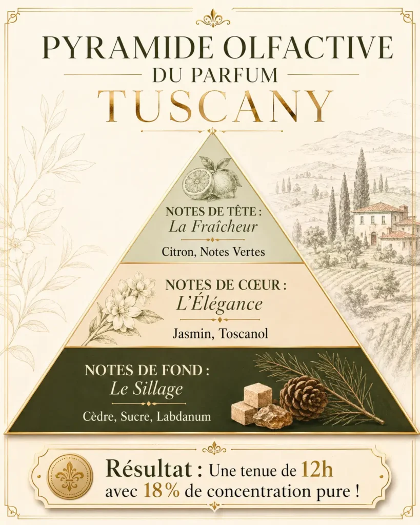 Le décryptage des notes de citron, jasmin et cèdre dans l'avis parfum Tuscany Mihi.
