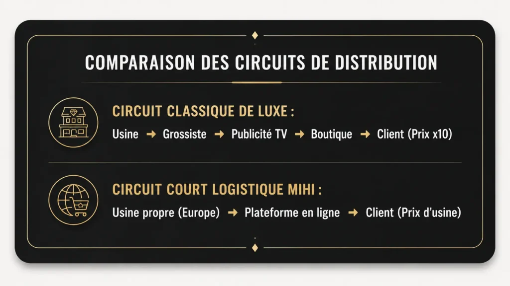 Infographie comparant le circuit classique de distribution de luxe au circuit court logistique Mihi, de l’usine jusqu’au client final.