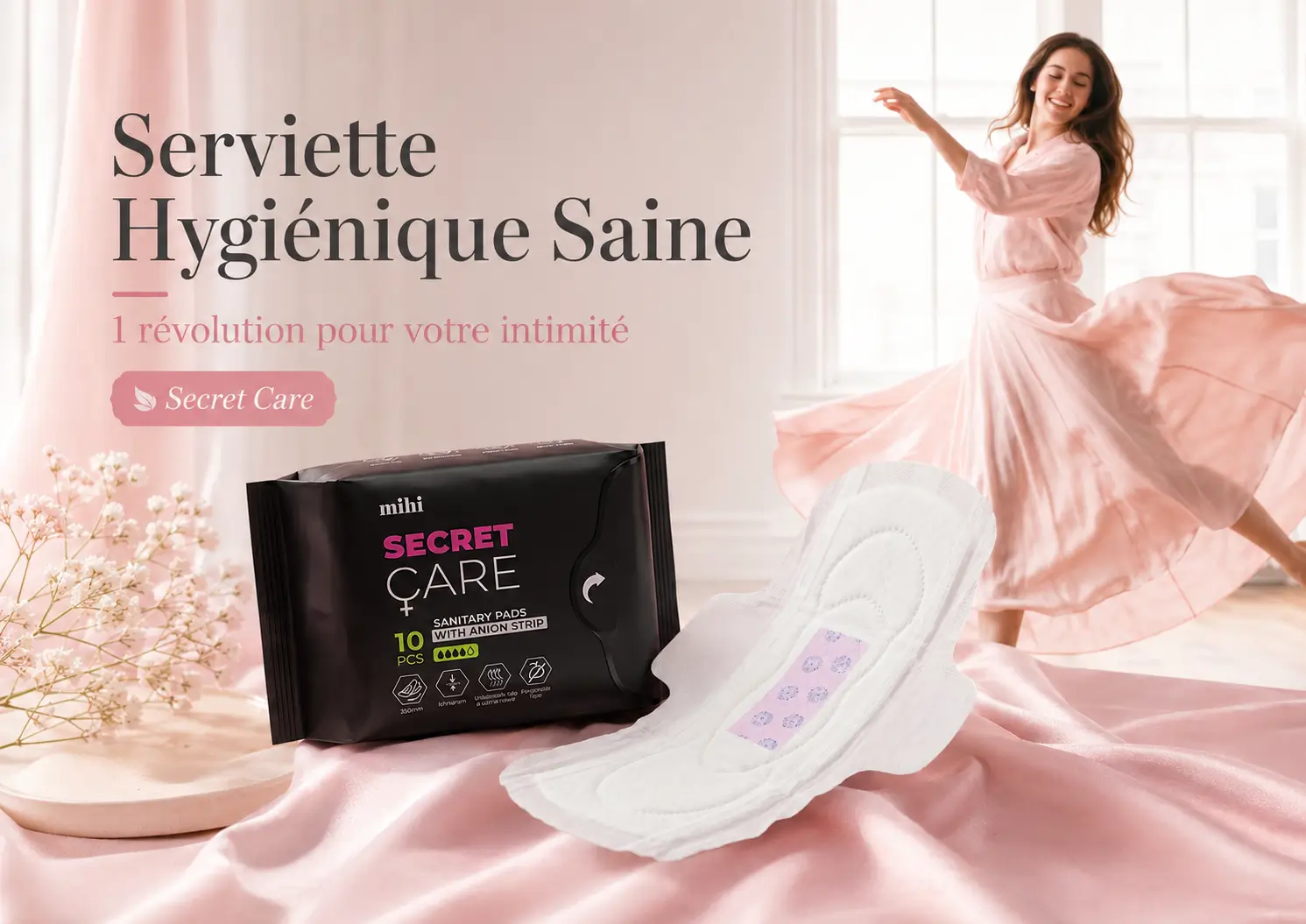 Serviette hygiénique saine avec bande anionique Secret Care de Mihi.