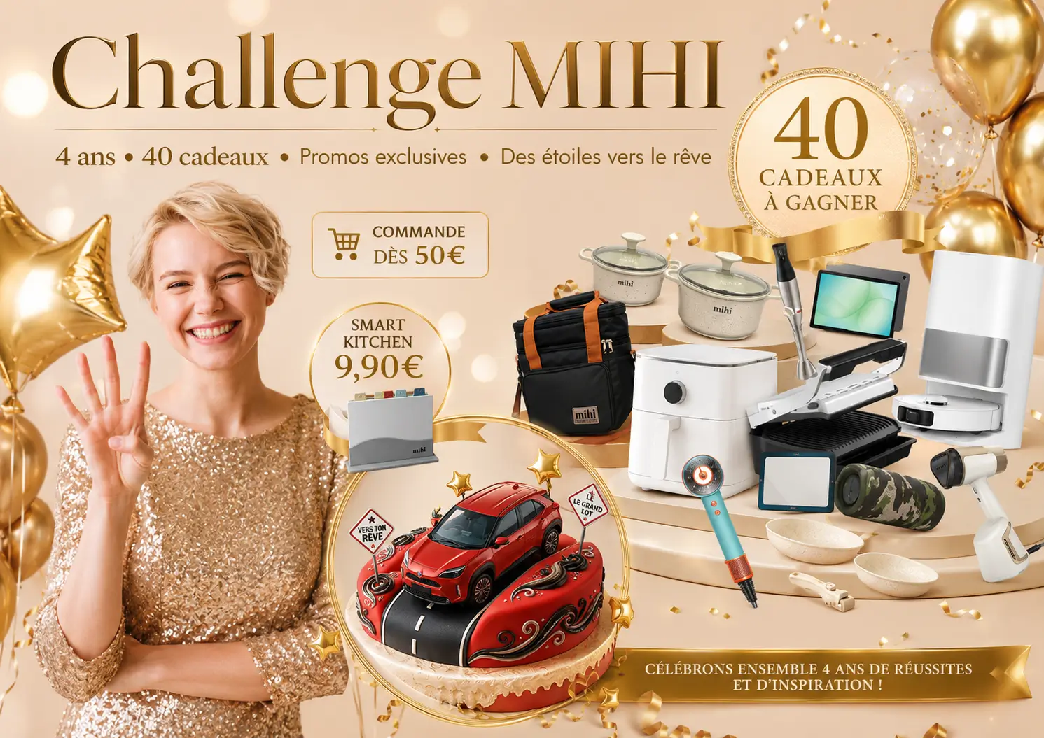 Challenge MIHI 4 ans avec 40 cadeaux, promos exclusives, Smart Kitchen et Toyota Yaris Cross à gagner.