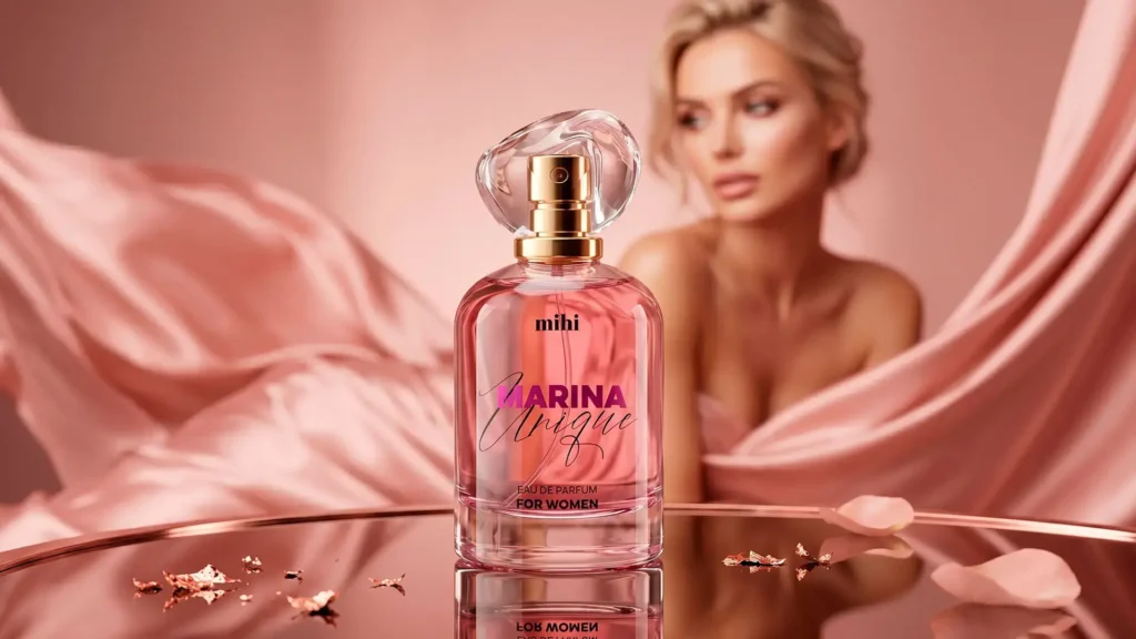 Flacon du parfum unique marina mihi sur un fond élégant