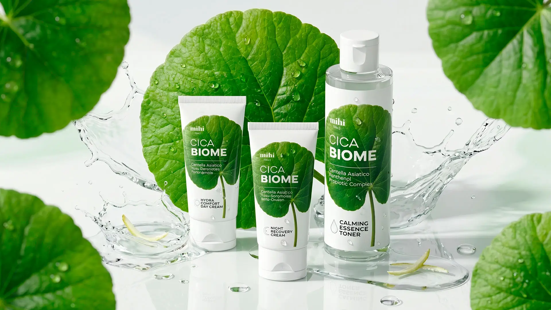 Routine CicaBiome Mihi avec tonique, crème de jour et crème de nuit