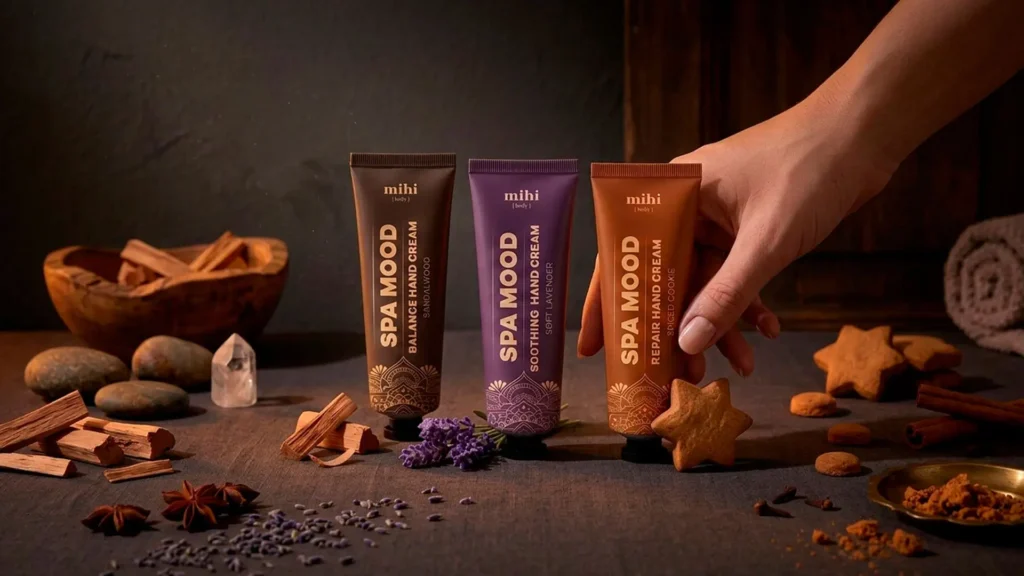 Crèmes mains Mihi Spa Mood Santal Lavande et Biscuit épicé
