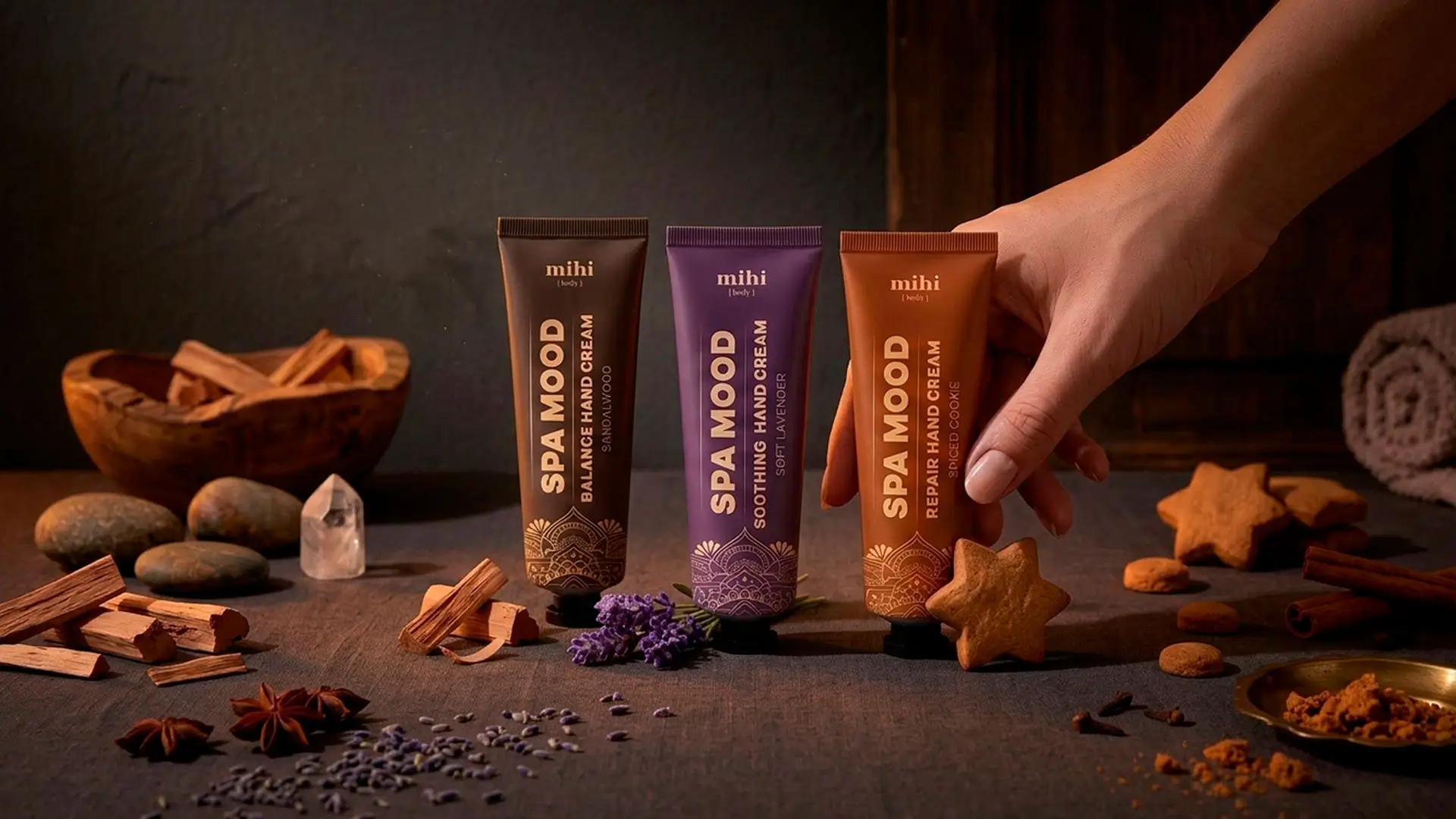 Crèmes mains Mihi Spa Mood Santal Lavande et Biscuit épicé